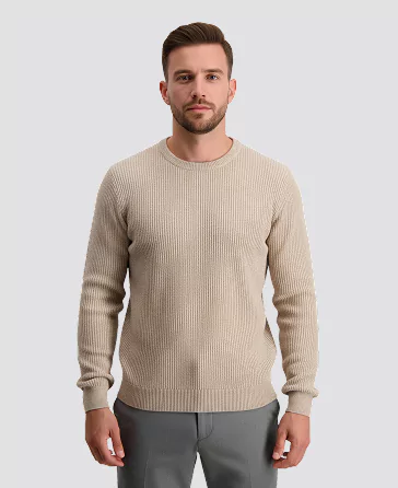 Beige men's sweater made from soft, ribbed knit fabric