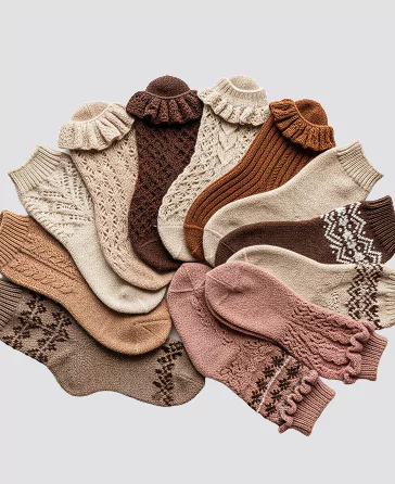 Six pairs of colorful socks displayed together, showcasing a variety of patterns and hues.